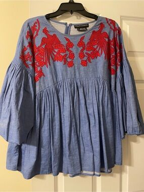 HEMANT & NANDITA Blue Tunic with Red Embroidered Yoke